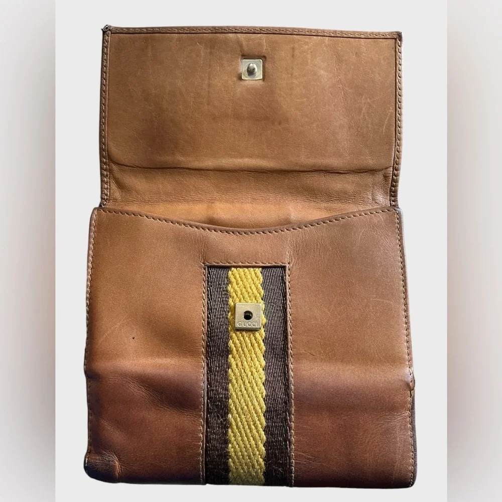 Vintage Gucci Brown Leather Wallet Web Stripe Bifold - Picture 4 of 16
